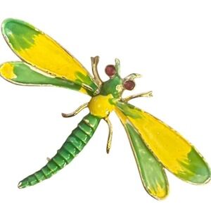 Weiss Vintage Dragonfly Brooch Green Yellow Enamel Gold Tone Signed Insect Pin